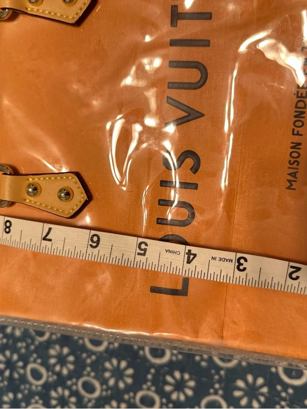 Upcycled Louis Vuitton Orange Shopping Bag Made into a Tote with Tan Handles - Picture 10 of 11